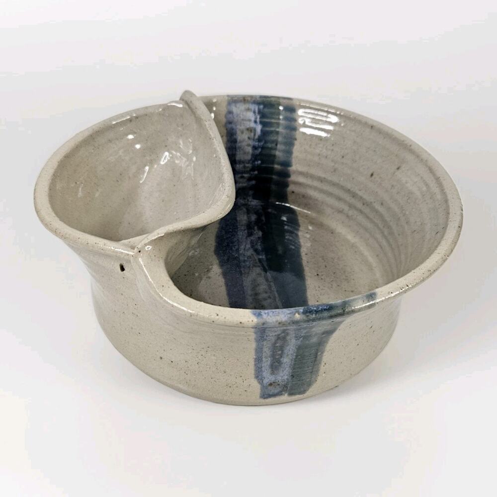 Vtg Handmade Studio Pottery Serving Bowl Rustic Primitive Dip Bowl Blue Brown
